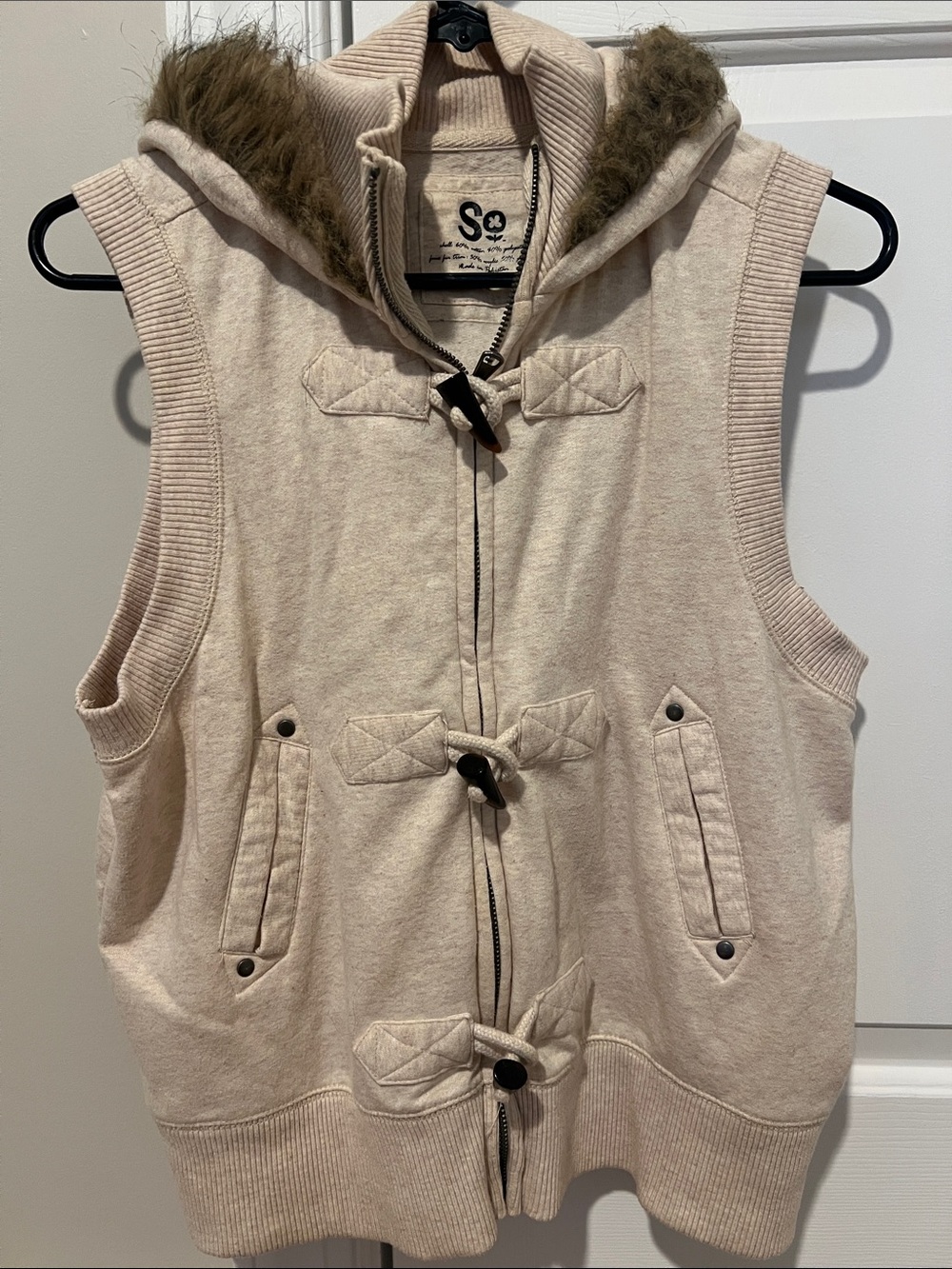 SO Light Beige Hooded Toggle Vest with Fur Trim